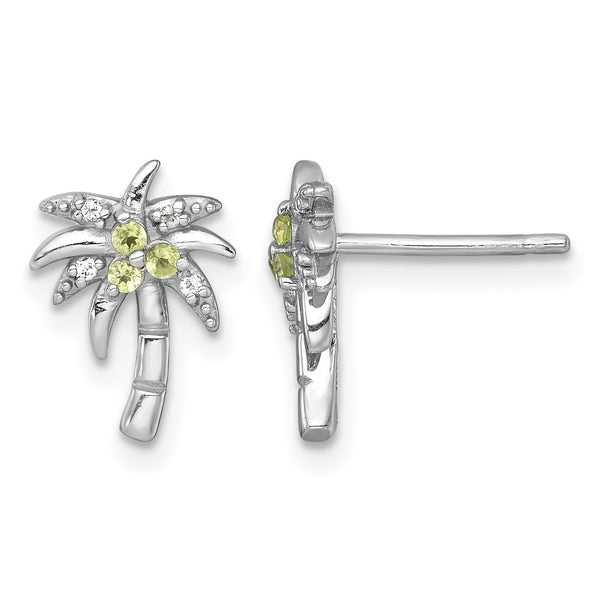 Sterling Silver Rhodium-plated Polished and Grooved Peridot and White Topaz Palm Tree Post Earrings - Birthstone Company