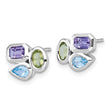 Sterling Silver Rhodium-plated Polished Pear Blue Topaz, Oval Peridot and Emerald-cut Amethyst Post Earrings - Birthstone Company