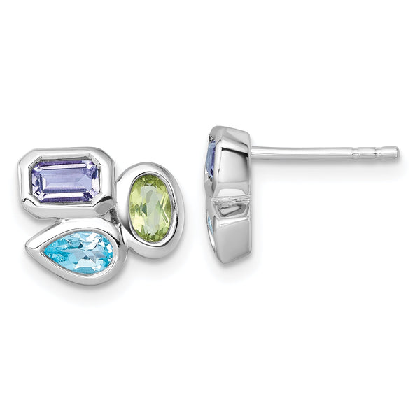 Sterling Silver Rhodium-plated Polished Pear Blue Topaz, Oval Peridot and Emerald-cut Amethyst Post Earrings