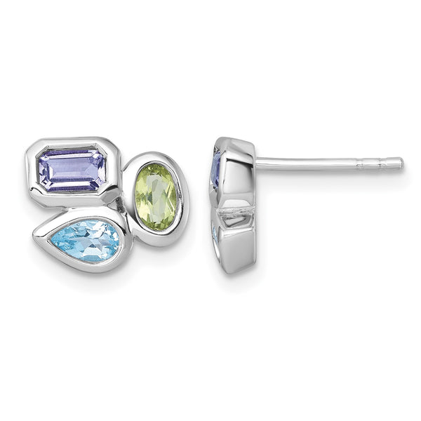 Sterling Silver Rhodium-plated Polished Pear Blue Topaz, Oval Peridot and Emerald-cut Amethyst Post Earrings - Birthstone Company