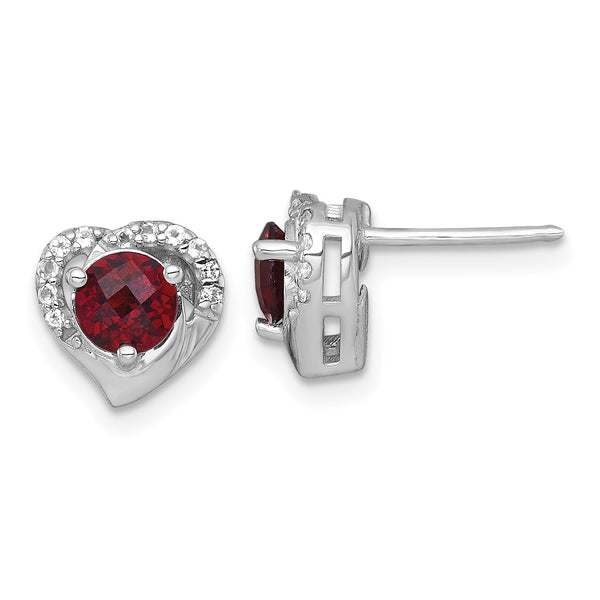 Sterling Silver Rhodium-plated Polished Garnet and White Topaz Heart Post Earrings