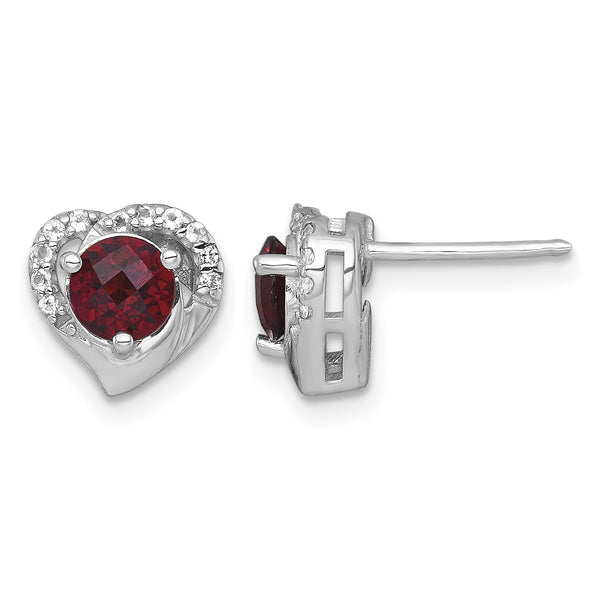 Sterling Silver Rhodium-plated Polished Garnet and White Topaz Heart Post Earrings - Birthstone Company