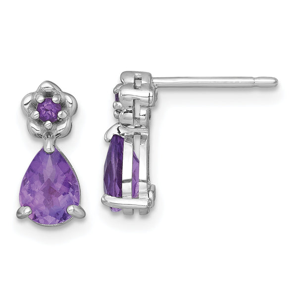 Sterling Silver Rhodium-plated Polished Amethyst Teardrop and Flower Post Earrings