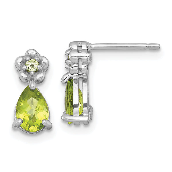 Sterling Silver Rhodium-plated Polished Peridot Teardrop and Flower Post Earrings