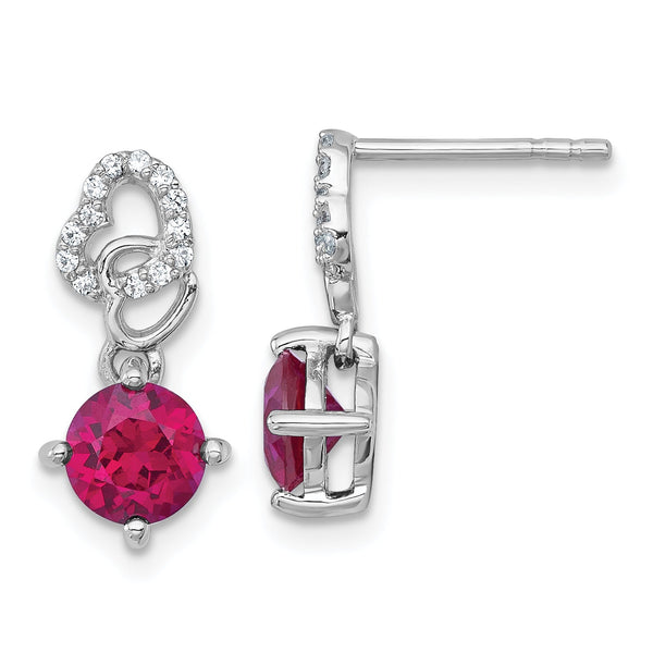 Sterling Silver Rhodium-plated Polished Round Lab Created Ruby and CZ Heart Post Dangle Earrings