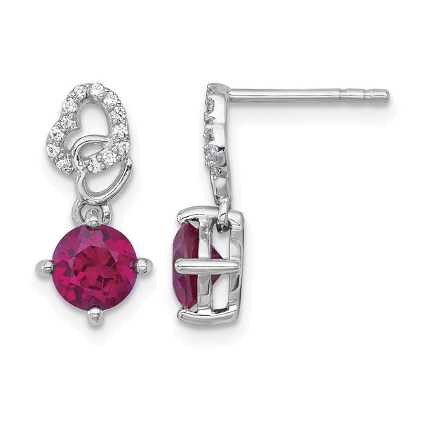 Sterling Silver Rhodium-plated Polished Round Lab Created Ruby and CZ Heart Post Dangle Earrings - Birthstone Company