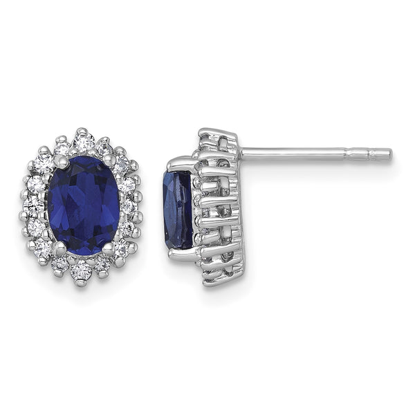 Sterling Silver Rhodium-plated Polished Lab Created Sapphire and CZ Oval Halo Post Earrings - Birthstone Company
