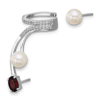 Sterling Silver Rhodium-plated CZ, White Freshwater Cultured Pearl and .57ct Oval Garnet Post and Cuff Asymmetric Earrings - Birthstone Company