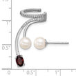 Sterling Silver Rhodium-plated CZ, White Freshwater Cultured Pearl and .57ct Oval Garnet Post and Cuff Asymmetric Earrings - Birthstone Company