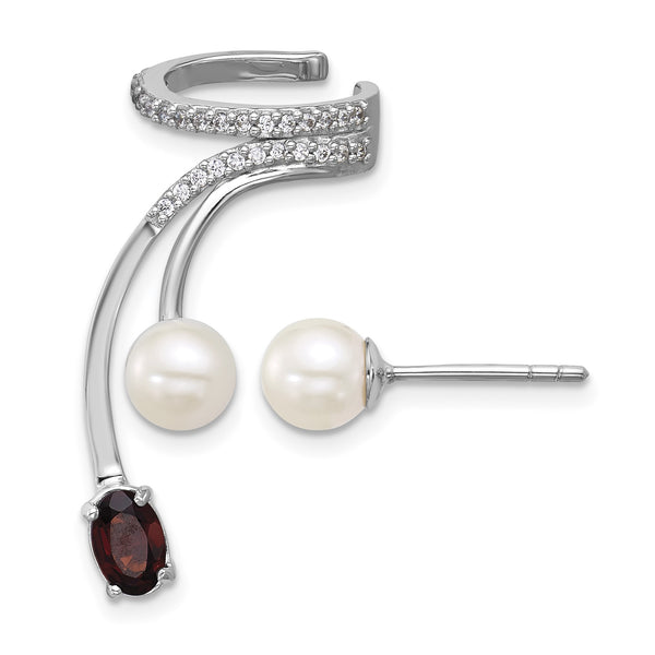 Sterling Silver Rhodium-plated CZ, White Freshwater Cultured Pearl and .57ct Oval Garnet Post and Cuff Asymmetric Earrings - Birthstone Company