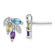 Sterling Silver Rhodium-plated Polished Amethyst, Peridot, and Blue and White Topaz Leaf Post Earrings