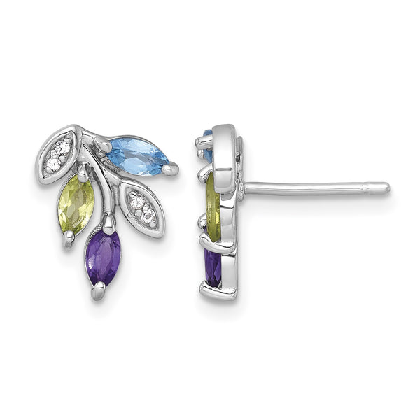Sterling Silver Rhodium-plated Polished Amethyst, Peridot, and Blue and White Topaz Leaf Post Earrings - Birthstone Company