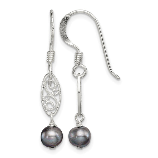 Sterling Silver Polished Filigree 5-6mm Grey Freshwater Cultured Pearl Dangle Earrings - Birthstone Company