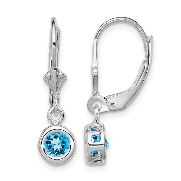Sterling Silver Rhodium Plated 5mm Round Blue Topaz Leverback Earrings - Birthstone Company