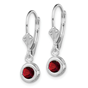 Sterling Silver Rhodium Plated 5mm Round Garnet Leverback Earrings