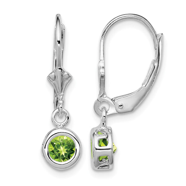 Sterling Silver Rhodium Plated 5mm Round Peridot Leverback Earrings - Birthstone Company