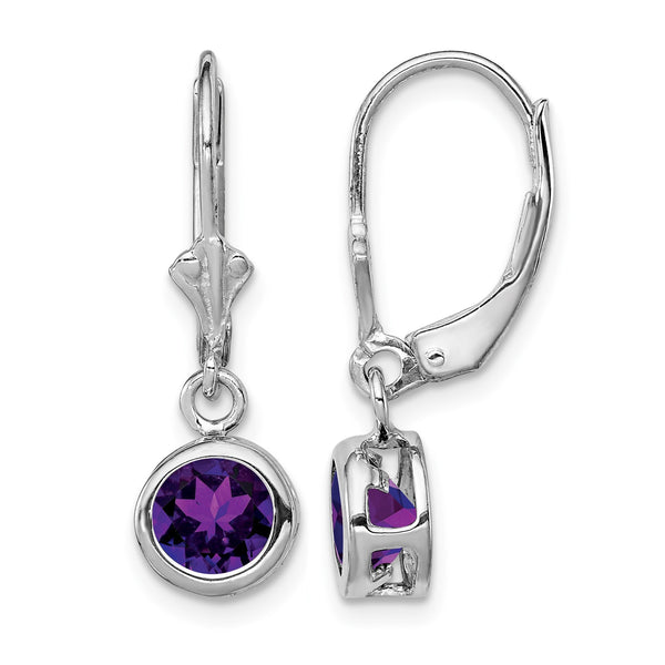 Sterling Silver Rhodium Plated 6mm Round Amethyst Leverback Earrings - Birthstone Company