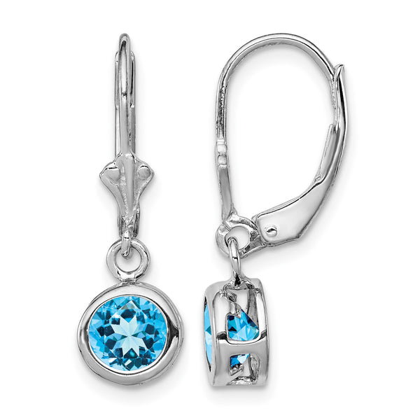 Sterling Silver Rhodium Plated 6mm Round Blue Topaz Leverback Earrings - Birthstone Company