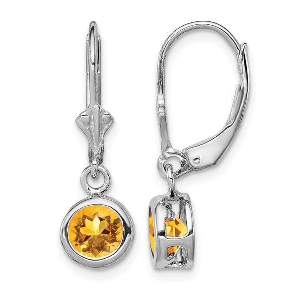 Sterling Silver Rhodium Plated 6mm Round Citrine Leverback Earrings - Birthstone Company