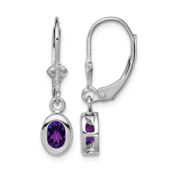 Sterling Silver Rhodium Plated 6x4mm Oval Amethyst Leverback Earrings - Birthstone Company