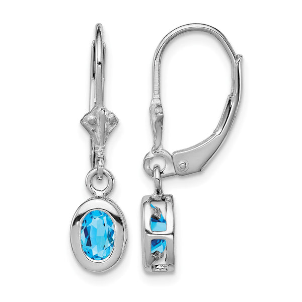 Sterling Silver Rhodium Plated 6x4mm Oval Blue Topaz Leverback Earrings - Birthstone Company