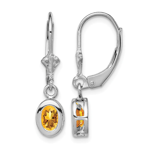 Sterling Silver Rhodium Plated 6x4mm Oval Citrine Leverback Earrings - Birthstone Company