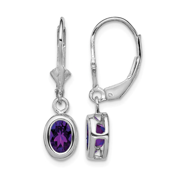 Sterling Silver Rhodium Plated 7x5mm Oval Amethyst Leverback Earrings - Birthstone Company