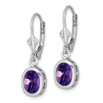 Sterling Silver Rhodium Plated 8x6mm Oval Amethyst Leverback Earrings - Birthstone Company