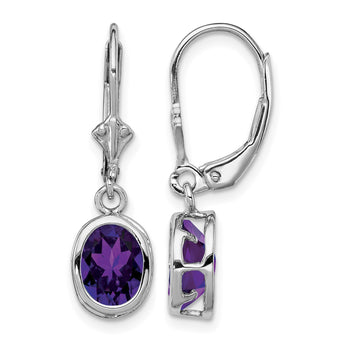 Sterling Silver Rhodium Plated 8x6mm Oval Amethyst Leverback Earrings - Birthstone Company