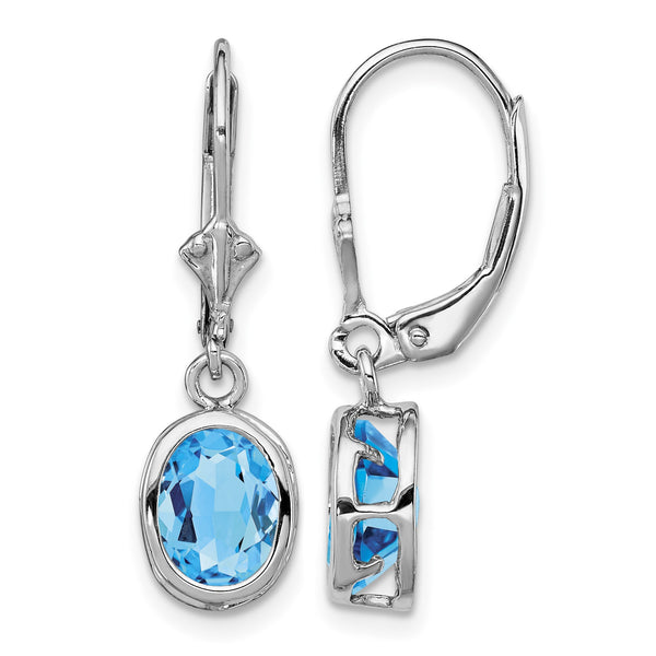 Sterling Silver Rhodium Plated 8x6mm Oval Blue Topaz Leverback Earrings - Birthstone Company