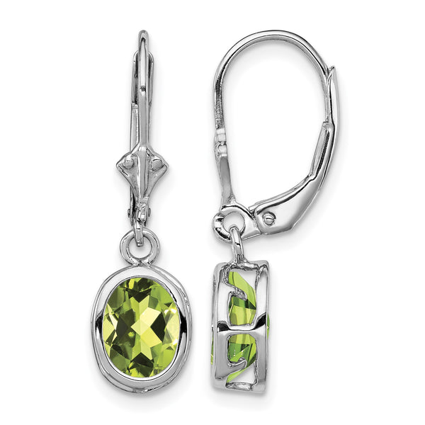 Sterling Silver Rhodium Plated 8x6mm Oval Peridot Leverback Earrings - Birthstone Company