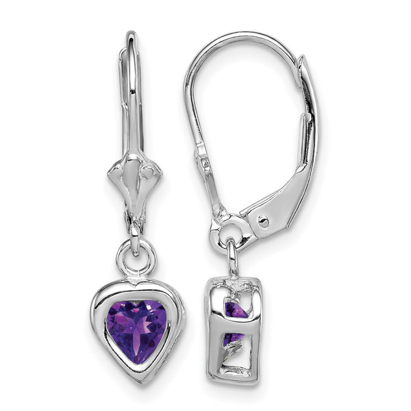 Sterling Silver Rhodium Plated 5mm Heart Amethyst Leverback Earrings - Birthstone Company