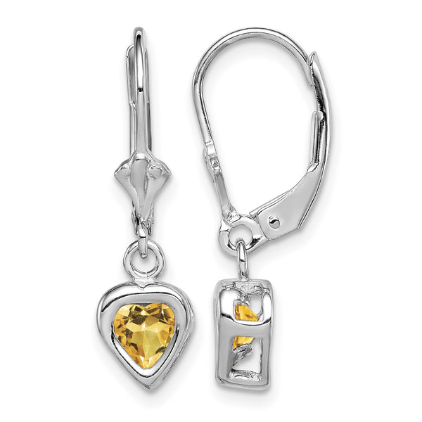 Sterling Silver Rhodium Plated 5mm Heart Citrine Leverback Earrings - Birthstone Company