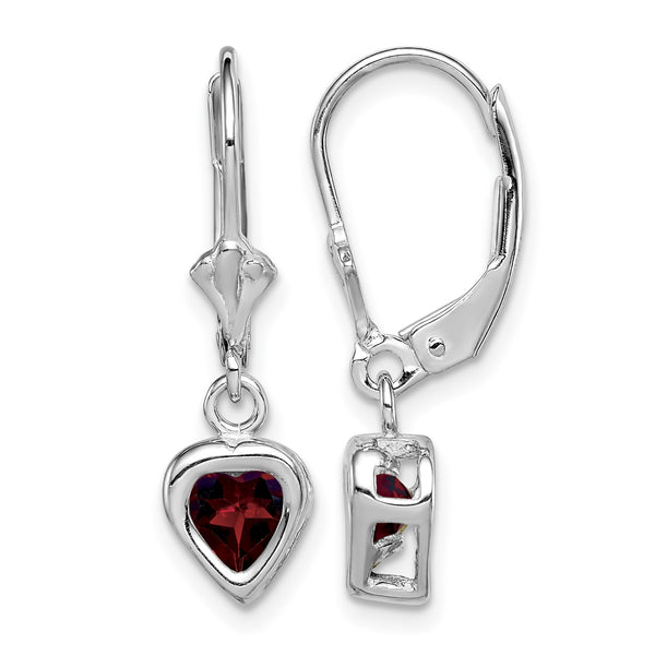 Sterling Silver Rhodium Plated 5mm Heart Garnet Leverback Earrings - Birthstone Company