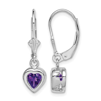 Sterling Silver Rhodium Plated 6mm Heart Amethyst Leverback Earrings - Birthstone Company