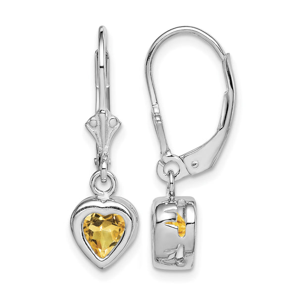 Sterling Silver Rhodium Plated 6mm Heart Citrine Leverback Earrings - Birthstone Company