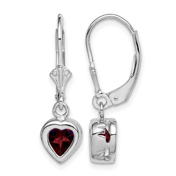Sterling Silver Rhodium Plated 6mm Heart Garnet Leverback Earrings - Birthstone Company