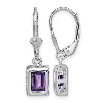 Sterling Silver RH Plated 7x5 Emerald Cut Amethyst Leverback Earrings - Birthstone Company
