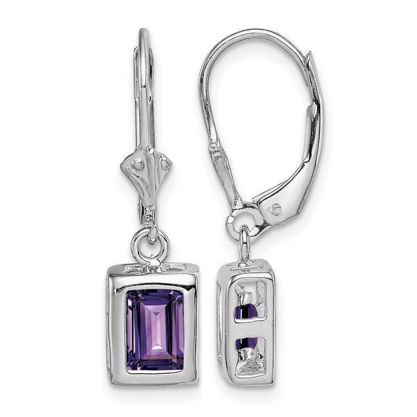 Sterling Silver RH Plated 7x5 Emerald Cut Amethyst Leverback Earrings - Birthstone Company