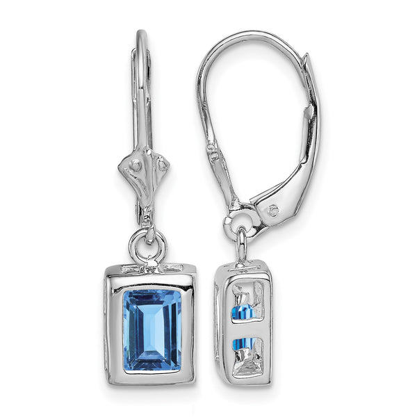 Sterling Silver RH Plated 7x5 Emerald Cut Blue Topaz Leverback Earrings - Birthstone Company