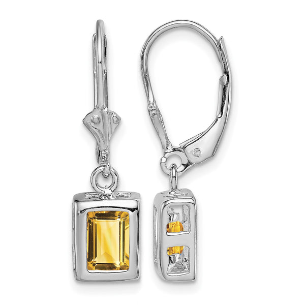 Sterling Silver Rhodium Plated 7x5 Emerald Cut Citrine Leverback Earrings - Birthstone Company