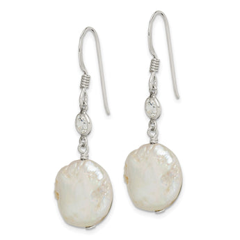 Sterling Silver Polished White 12-13mm Coin Freshwater Cultured Pearl & CZ Dangle Earrings - Birthstone Company