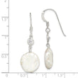 Sterling Silver Polished White 12-13mm Coin Freshwater Cultured Pearl & CZ Dangle Earrings