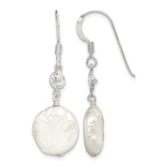 Sterling Silver Polished White 12-13mm Coin Freshwater Cultured Pearl & CZ Dangle Earrings - Birthstone Company