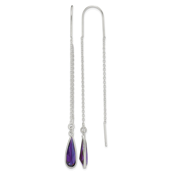 Sterling Silver Polished Purple CZ Teardrop Threader Earrings - Birthstone Company