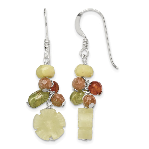 Sterling Silver Polished Jade, Unikite, Peridot, Aventurine & Carnelian Floral Dangle Earrings - Birthstone Company