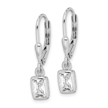 Sterling Silver Rhodium-plated Emerald-cut 6x4mm CZ Leverback Earrings