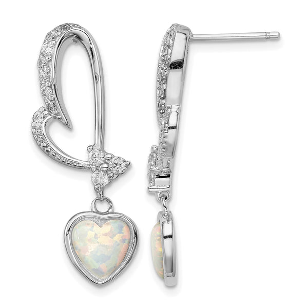 Sterling Silver Rhodium plated Created Opal and CZ Heart Earrings - Birthstone Company