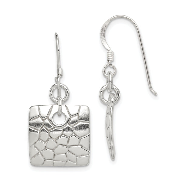 Sterling Silver Polished & Textured Fancy Square Dangle Earrings