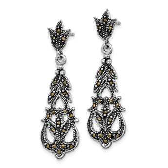 Sterling Silver Rhodium-plated Fancy Textured Marcasite Post Dangle Earring